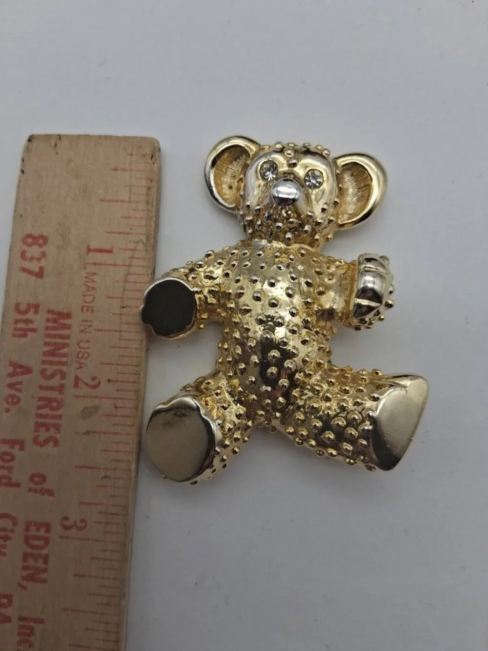 Vintage Teddy Bear Brooch Pin Brushed Gold Rhinestone Crystal Chunky 1980s